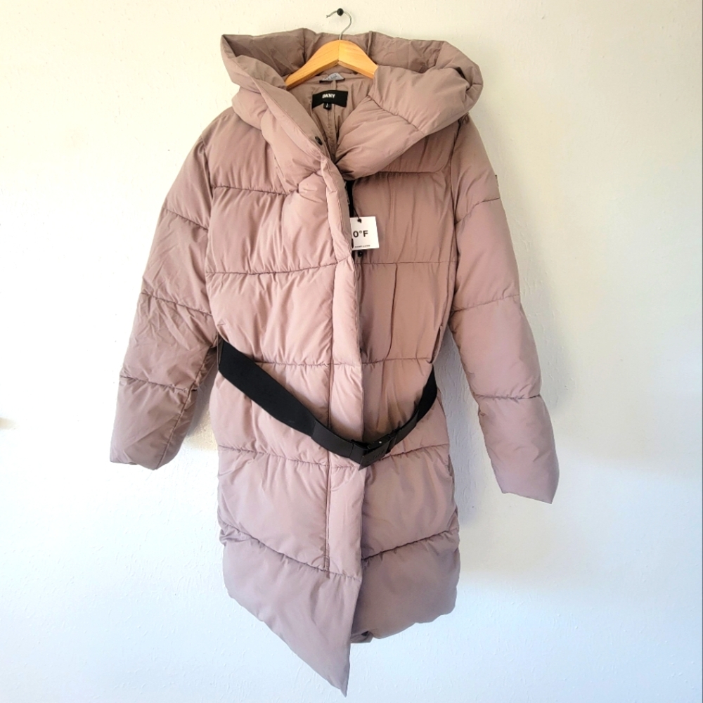 DKNY belted puffer jacket faux-down coat women's size large NWOT
